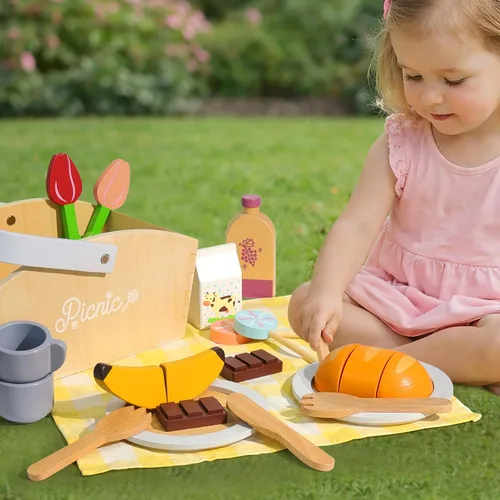 Miniatura 3 de Pillowhale Juego de Comida de Picnic de Madera – Juego de Cocina de Juguete para Niños de 21 PIEZAS con Manta, Frutas para Cortar y Configuraciones