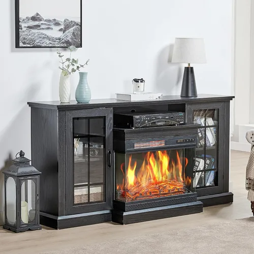 Miniatura 8 de LUXOAK Soporte de TV para Chimenea con Chimenea Eléctrica de Vidrio de 3 Lados, Centro de Entretenimiento Multimedia de 59" con Gabinete de Negro