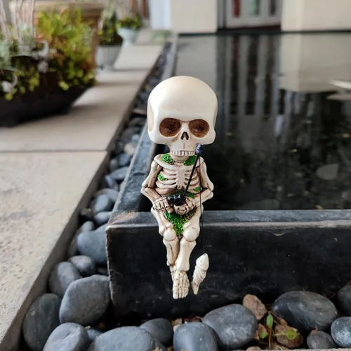 Miniatura 3 de 1 estatua de calavera de Halloween, figuras de esqueleto geniales, figuras de esqueleto con temática de pesca, decoración gótica, figura de calavera