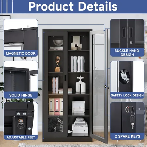 Miniatura 5 de Vitrina con puertas de cristal, vitrina para coleccionables, gabinete de exhibición Curio con 4 estantes ajustables, gabinete de exhibición de Negro