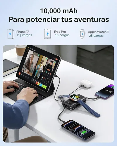 Miniatura 5 de Cargador portátil con cables integrados y enchufe de pared, 50% más pequeño 10000 mAh, cargador de batería USB C de 22.5 W, batería esencial
