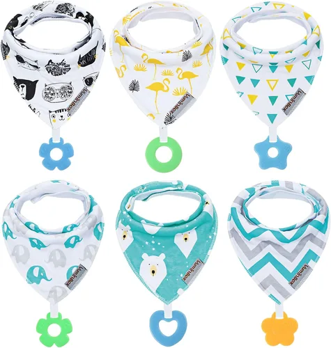Baberos tipo bandana para bebé, paquete de 6 unidades y juguetes para la dentición, paquete de 6, hechos con 100% algodón orgánico, absorbente y