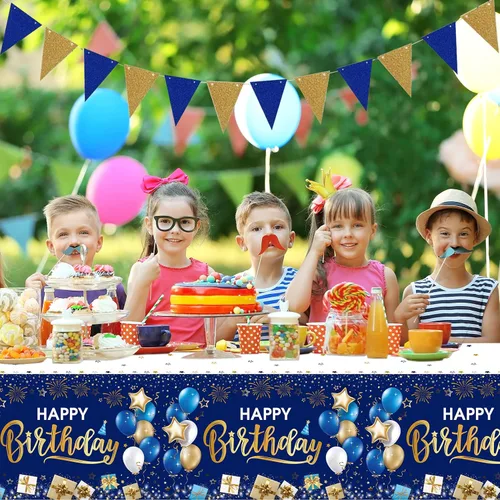 Miniatura 5 de DUAIAI Decoraciones de feliz cumpleaños, 3 manteles de cumpleaños azul marino y dorado para niños, niñas, hombres y mujeres, funda de mesa