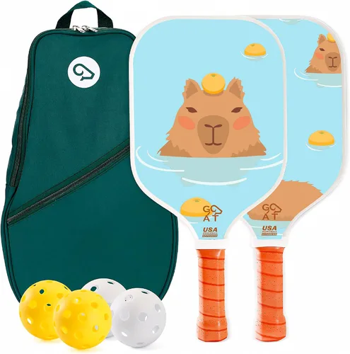 Juego de 2 palas de pickleball Goat, incluye 4 bolas para interiores y exteriores y bolsa de viaje, juego de raquetas de pickleball de fibra de