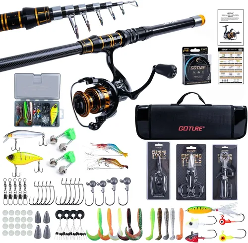 Goture Caña de pescar y carrete combos, 1.8M-2.7M telescópica caña de pescar spinning carrete línea señuelos conjunto con bolsa de transporte, kit