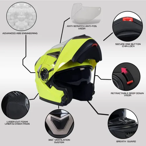 Miniatura 2 de Cascos Milwaukee MPH9809DOT Ionized Amarillo Neón Avanzado Casco Modular de Motocicleta para Motociclista con Visera Desmontable