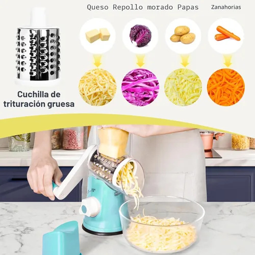 Miniatura 4 de Rallador de queso giratorio X Home para cocina, triturador con 3 cuchillas intercambiables, rallador giratorio con mango y base de succión fuerte