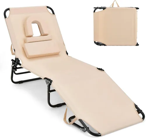 Miniatura 11 de GYMAX Silla de bronceado, silla de playa de 350 libras con agujero para la cara, almohada lavable y correa de transporte, tumbona plegable
