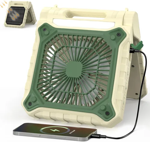 Miniatura 9 de KITWLEMEN Ventilador solar de campamento mejorado con linterna, ventilador de batería recargable, tiempo de funcionamiento máximo de 36 horas, 4