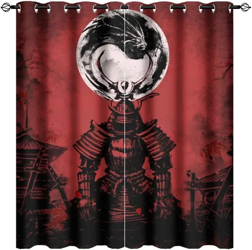 Miniatura 19 de Cortinas opacas abstractas japonesas samuráis para dormitorio, caballo samurái rústico, rojo, ojal, aislamiento térmico, cortinas de oscurecimiento