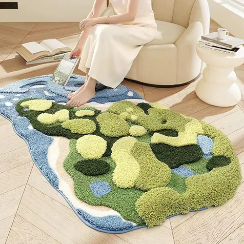 Miniatura 31 de Alfombra de musgo estéreo 3D irregulares con flores naturales, margaritas y musgo, para sala de estar, dormitorio, decoración estética del hogar