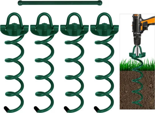 FEED GARDEN Anclajes de suelo en espiral de 12.2 pulgadas, estacas en espiral resistentes, paquete de 4 estacas plegables para asegurar perros, Verde
