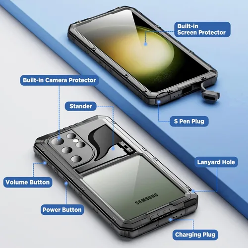 Miniatura 6 de Mitywah Funda impermeable para Samsung Galaxy S23 Ultra, funda de metal resistente, carcasa de cuerpo completo a prueba de golpes con protector