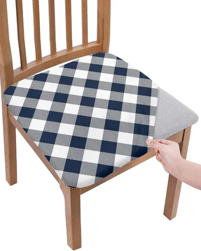 Miniatura 7 de Juego de 6 fundas para asiento de silla de comedor, diseño clásico a cuadros blancos y negros, decoración navideña, extraíble, elásticas, fundas