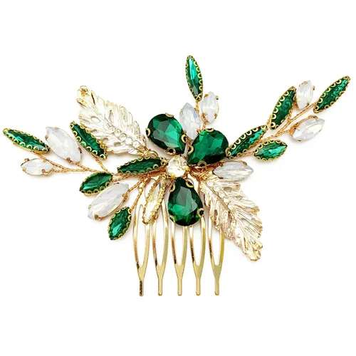 Peine lateral verde nupcial con hojas de cristal para boda, accesorios pequeños para mujeres y niñas, fiesta (verde esmeralda)