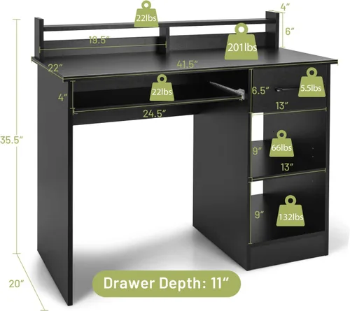 Miniatura 3 de Tangkula Escritorio para computadora con cajón y bandeja para teclado, escritorio de estudio moderno con gabinete de escritorio y estantes