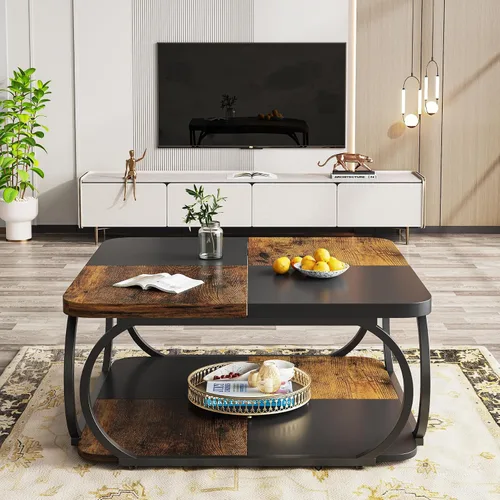 Miniatura 4 de LITTLE TREE Mesa auxiliar de 40 pulgadas con estante de almacenamiento, mesa de centro cuadrada baja de 2 niveles con mesa de madera de granja