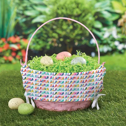 Miniatura 2 de Patrón colorido con nombre para ella, cesta de huevo de Pascua personalizada con asa y nombre personalizado Forros de cesta de Pascua blancos
