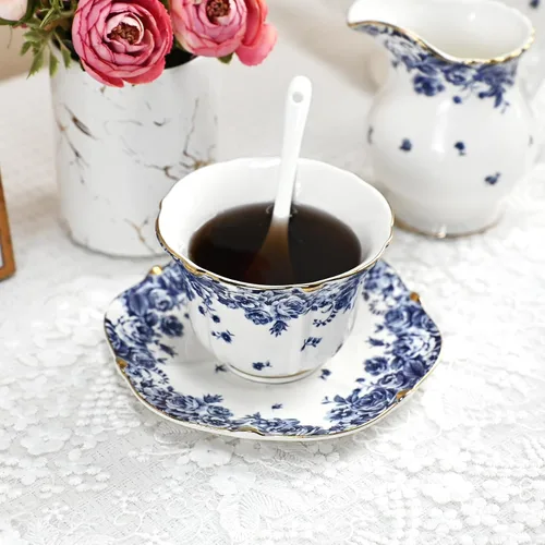 Miniatura 3 de Bone China - Juego de taza de té y platillo, 3 piezas, estilo vintage, juego de taza de té y platillo para mujeres y fiestas de té, caja de regalo