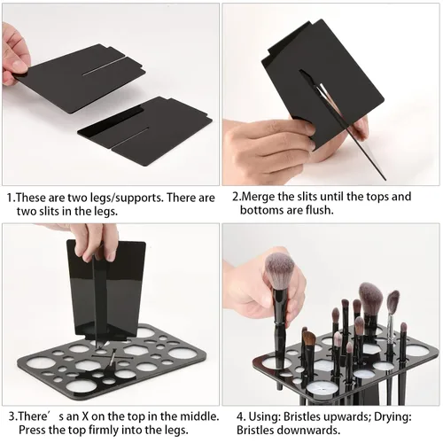 Miniatura 5 de Luckyiren Escurridor acrílico para cepillos, soporte plegable con 28 ranuras para pinceles de uñas, pintura y maquillaje, negro, unisex, ideal