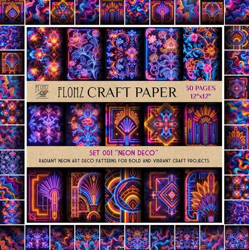 Papel de álbum de recortes (30 páginas 30x30 cm) Neon Deco: Radiantes patrones de arte deco neón para proyectos de manualidades audaces y vibrantes