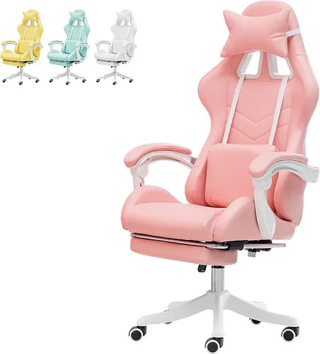 Miniatura 10 de Linda silla de juegos con reposapiés, sillas de videojuegos de respaldo alto, silla Kawaii de piel sintética con soporte lumbar y reposacabezas