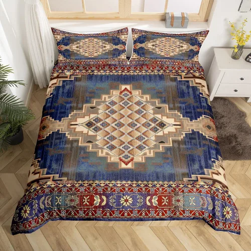 Miniatura 3 de Juego de funda de edredón persa individual, juego de ropa de cama exótica bohemio, azul, amarillo, degradado, rojo, floral, bohemio, tribal, encaje
