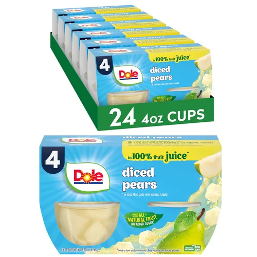 Dole - Tazones de peras en cubos en jugo 100% de fruta, 4 oz, 24 tazas en total, sin gluten ni lácteos, refrigerios a granel para niños y adultos