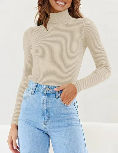 Miniatura 9 de ZESICA Camisas de manga larga de cuello alto para mujer, camisetas básicas de otoño, suéter de punto acanalado ajustado
