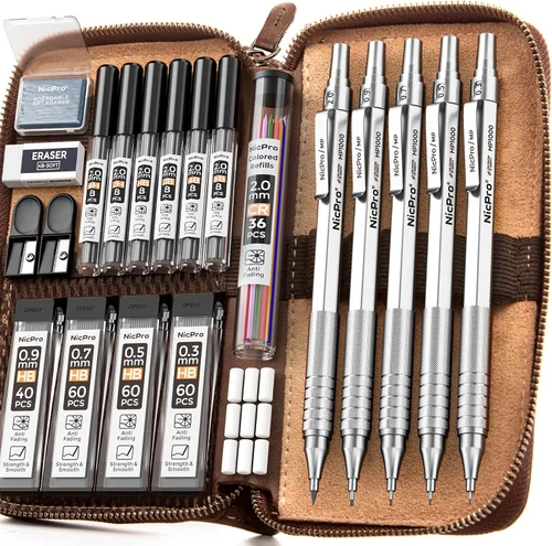 Miniatura 10 de Nicpro - Juego de 20 portaminas metálicos negros en estuche de cuero, lápices de dibujo de 0.01 pulgadas, 0.02 pulgadas, 0.03 pulgadas, 0.035