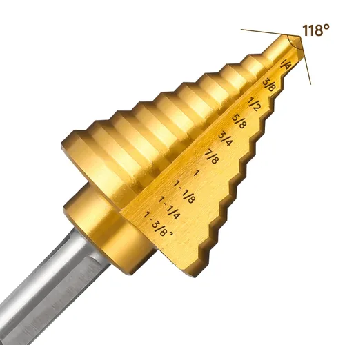 Miniatura 3 de Broca escalonada de titanio, broca de paso de 1/4" a 1-3/8" para metal, juego de 10 tamaños de broca escalonada HSS Unibit