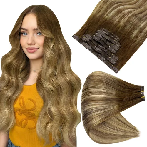 Miniatura 21 de Full Shine Extensiones de cabello humano con pinzas, cabello humano Remy invisible para mujer, color rubio platino, 20 pulgadas, 8 unidades, 4.23 oz