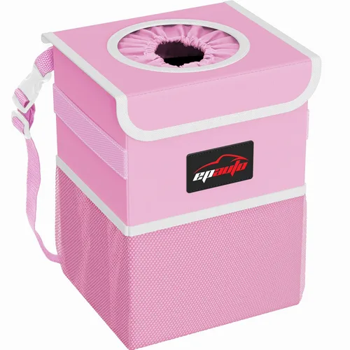 EPAuto Bote de basura impermeable para automóvil con tapa y bolsillos de almacenamiento, 2.5 galones a prueba de fugas, color rosa