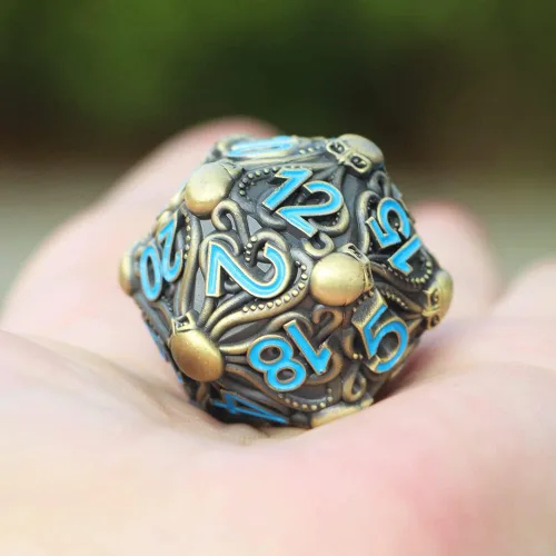 Miniatura 5 de Big Octopus D20 - Dados de metal con acabado de bronce antiguo sólido con números azules, para Cthulhu Mythos, juegos de rol de mesa -DNDWoW BZQB