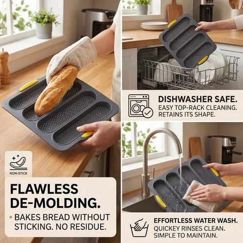 Miniatura 5 de Molde de pan de silicona de 4 cavidades, sartén antiadherente para pan de masa madre y sartén para pan baguette resistente al calor, moldes para pan
