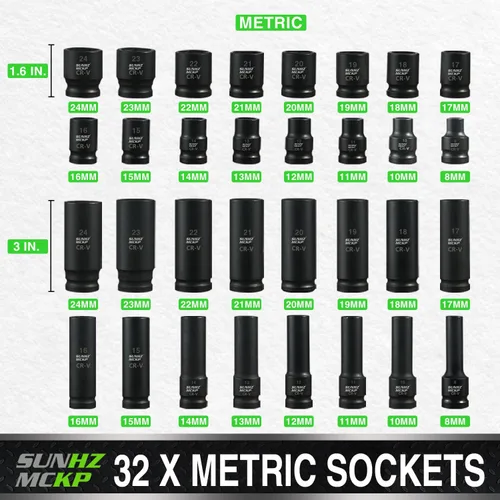 Miniatura 2 de SUNHZMCKP Juego de llaves de impacto de 1/2 pulgada, 66 piezas SAE estándar (3/8"-1-1/4") y métricas (8-24mm), kit de dados poco profundos/profundos