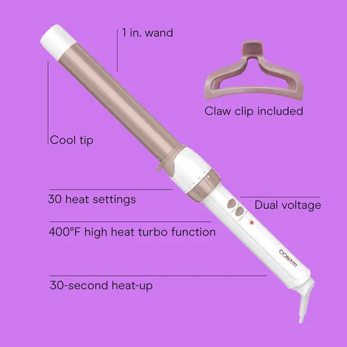 Miniatura 2 de Conair Varita Rizador de Cerámica Doble de 1 Pulgada con Pinza, Produce Olas Impecables, Rizador para Usar en Cabello Mediano y Largo, Rizador