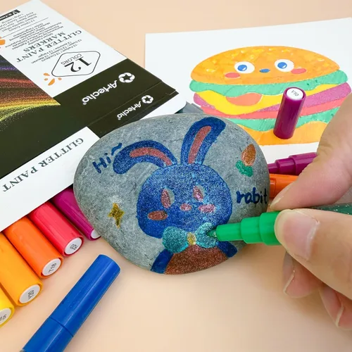 Miniatura 5 de Artecho Bolígrafos de pintura con purpurina, 12 colores acrílicos con purpurina con punta extra fina de 0.028 in para pintura de rocas, piedra