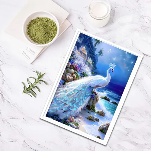 Miniatura 4 de SENQAO Kits de pintura de diamantes de pavo real para adultos, pintura de diamante de pavo real blanco, pintura de diamante 5D para playa, pavo