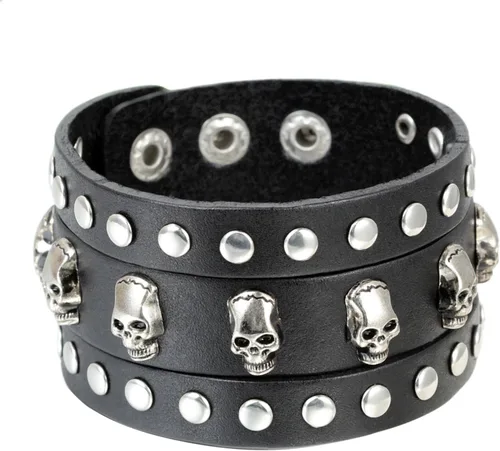 Miniatura 7 de Cupimatch Punk Gothic Skull Rivet Wide Leather Bracelet Cuff Adjustable 7.5"- 8.7" for Father's Day