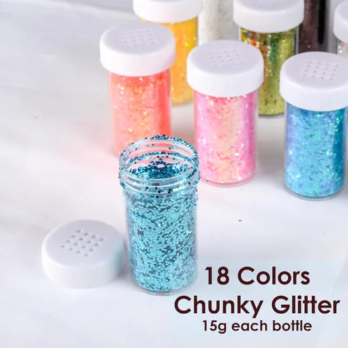 Miniatura 4 de Brillantina gruesa, 18 frascos de colores surtidos para manualidades, cuerpo, maquillaje y purpurina para uñas.