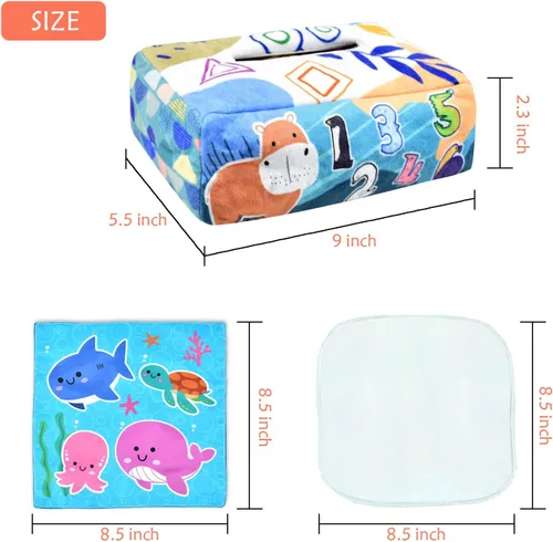 Miniatura 4 de Juguetes para bebés 6-12 meses, juguete de caja de pañuelos montessori para bebés 6-12 18 meses, juguetes sensoriales suaves con contraste y crujido