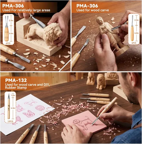 Miniatura 3 de WAYCOM Juego de cuchillos de madera de 24 piezas, kit de tallado de madera, juego de cinceles profesional, incluyendo pequeño, medio, tamaño grande