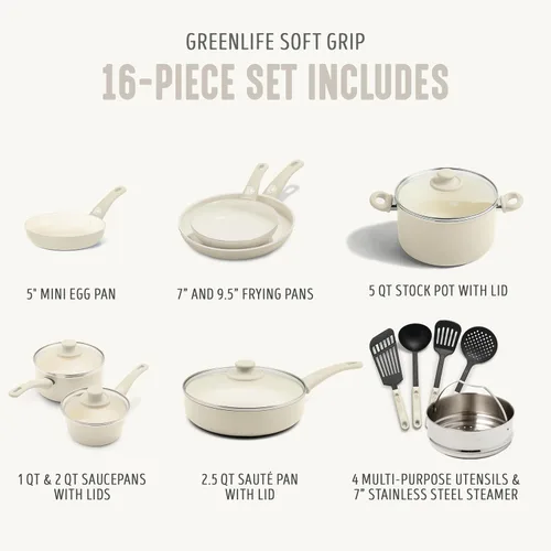 Miniatura 4 de GreenLife Soft Grip - Juego de utensilios de cocina de 16 piezas, cerámica antiadherente sin PFAS no tóxica, para freír, saltear, utensilios, tapas