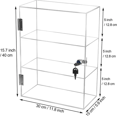 Miniatura 2 de Choowin Vitrina acrílica de 3 estantes con llave de bloqueo, vitrina de exhibición de bloqueo transparente con estantes fijos, almacenamiento seguro