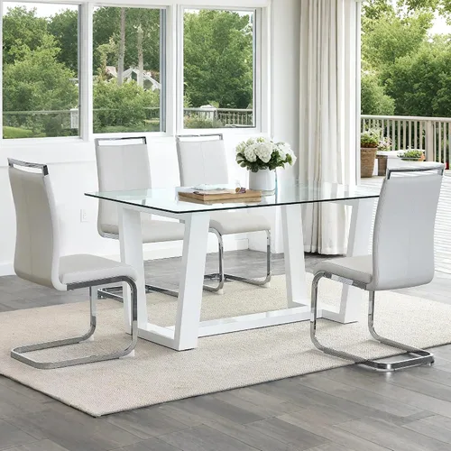 Miniatura 9 de Ebullient - Juego de mesa de comedor de cristal para 4, juego de mesa de comedor moderno para 4, tablero de vidrio templado con patas trapezoidales