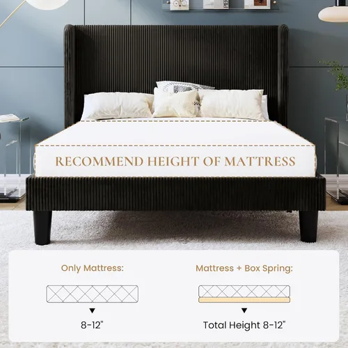 Miniatura 8 de SHA CERLIN - Base de cama tamaño Full tapizada en pana con plataforma y cabecera acolchada con diseño acanalado vertical estilo wingback, 8