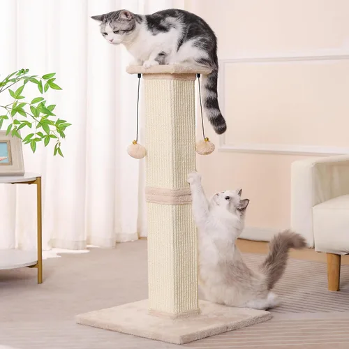 Miniatura 6 de Poste rascador grande para gatos con base resistente, poste rascador cuadrado resistente de sisal de 33 pulgadas y 2 bolas interactivas para colgar