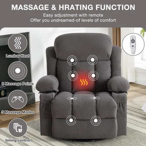 Miniatura 4 de Silla giratoria reclinable de masaje reclinable con carga USB y control remoto de carga lumbar de 8 puntos, modos de vibración de 350 libras