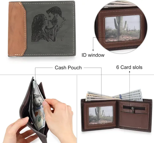 Miniatura 16 de Carteras personalizadas para hombres, cartera personalizada para hombre con imagen grabada y nombre, billetera delgada de cuero plegable, regalos